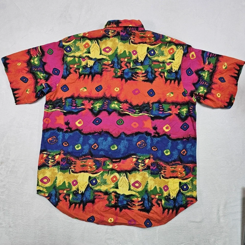 Vtg Wrangler Shirt Mens XL Brushpopper Bright Loud Bull Skull Tie Dye Groovy - Picture 9 of 13